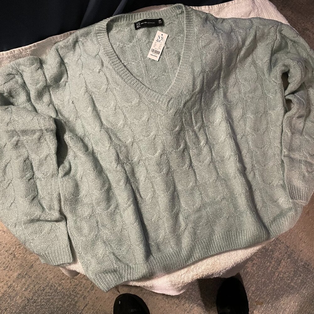 NY&C Long Sleeve V-Neck Aqua Blue Cable Sweater- XXLARGE